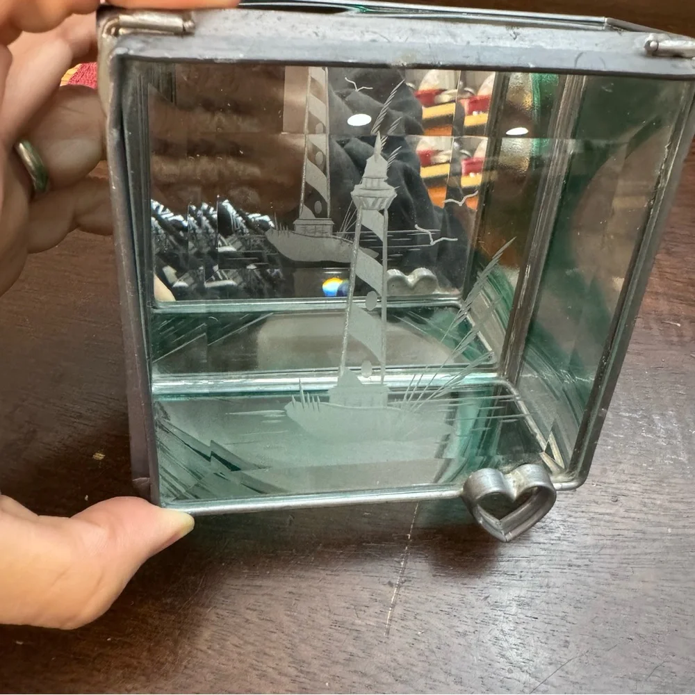 Vintage Light House Leaded Jewelry Trinket Box Etched Stained Glass with Mirror
